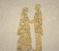 Stylized illustration of two figures facing one another and holding hands, rendered with decorative patterns on a soft beige background.