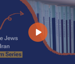 Promotional graphic for “The Jews of Iran Film Series” featuring a row of books labeled “Iranian Studies” and a large play button icon overlaid on a blue background with decorative arrow and circular design elements.