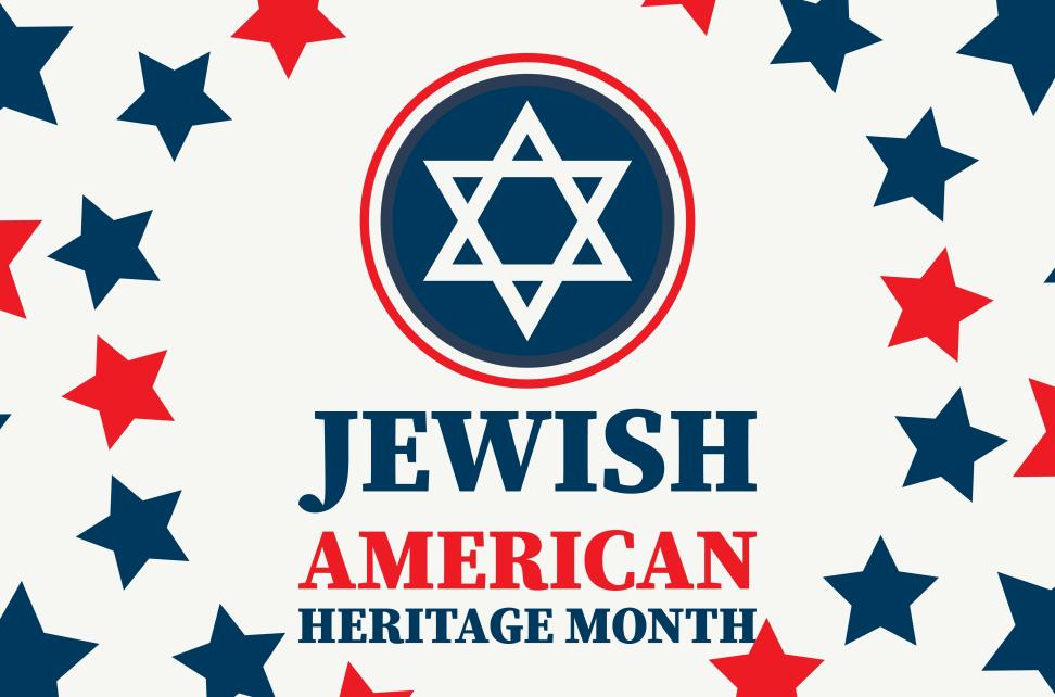 Graphic design for Jewish American Heritage Month featuring a blue Star of David inside a red and blue circular emblem at the top, with the words “Jewish American Heritage Month” in bold blue and red text below. The background is white with scattered red and blue stars.