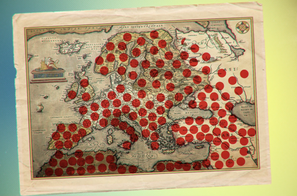 Vintage map of Europe covered with numerous red dots scattered across many countries.
