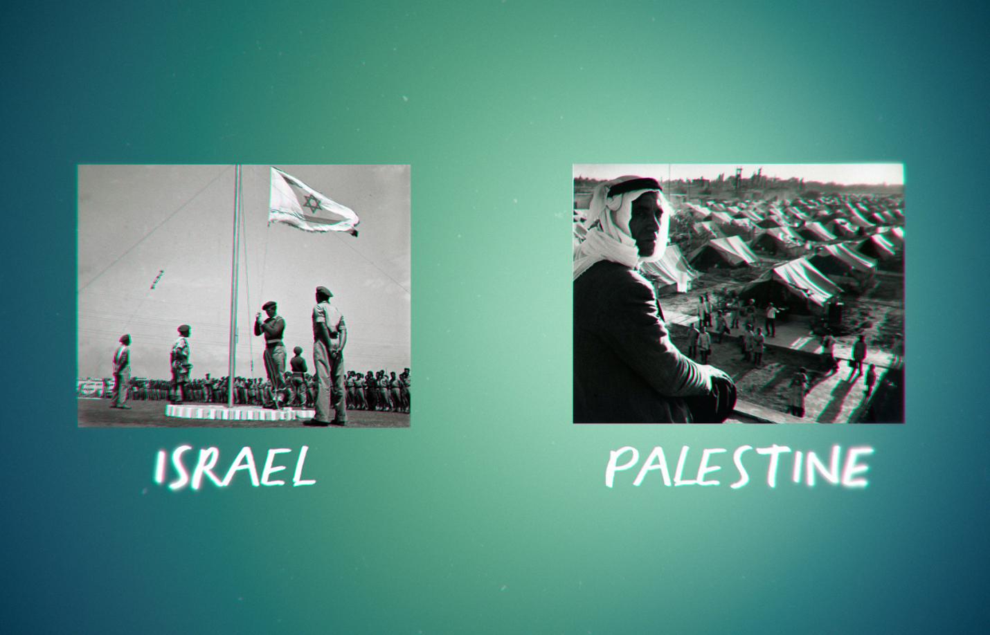 "Israel" with soldiers saluting an Israeli flag and "Palestine"  with an Arab village
