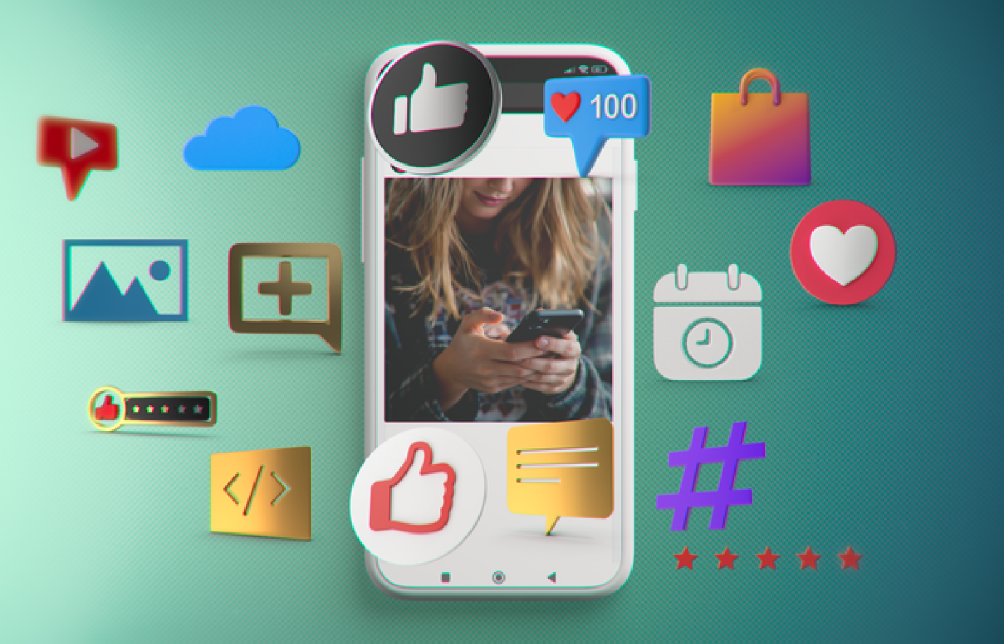 A girl scrolling on her phone with social media icons surrounding her