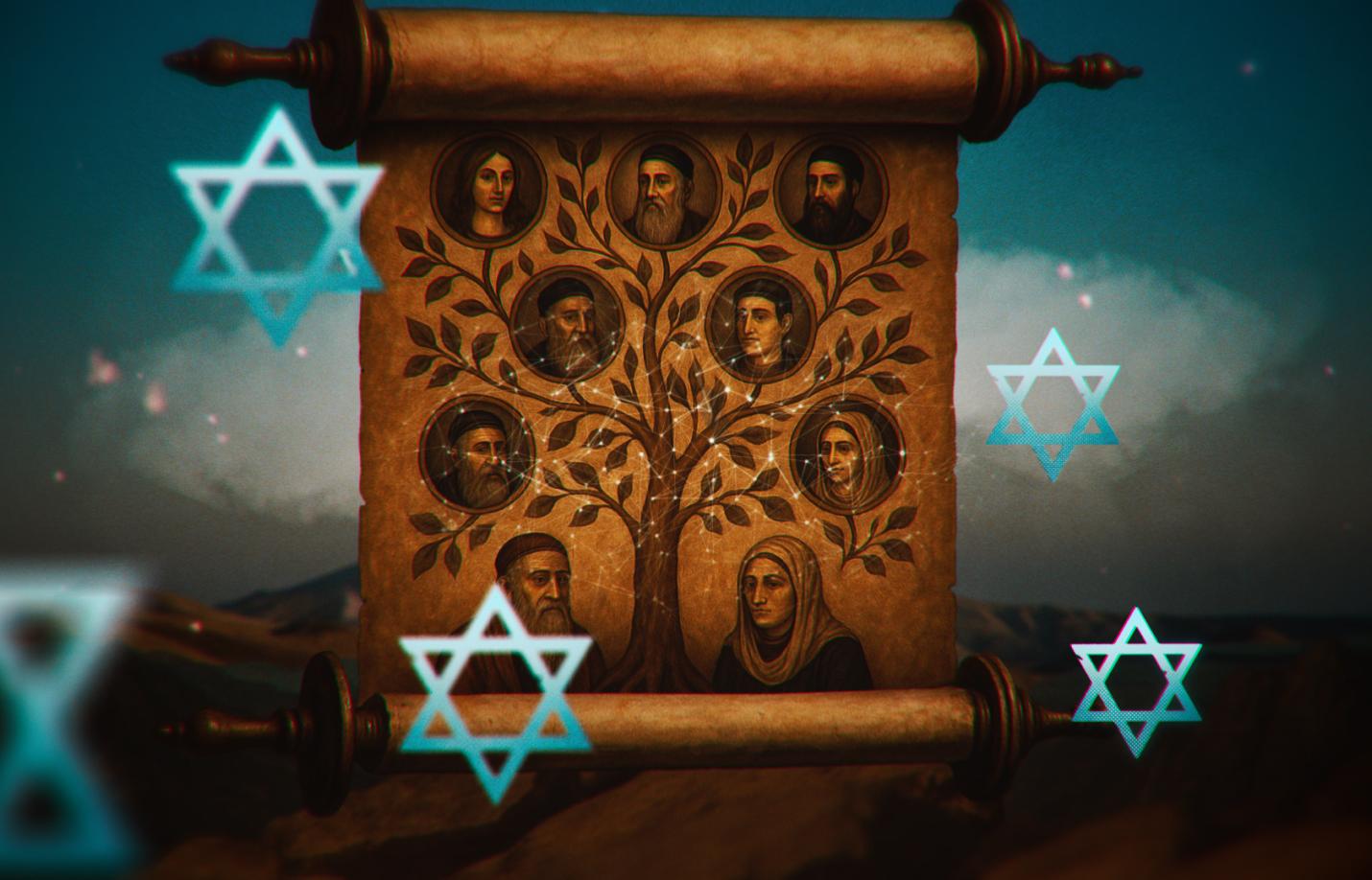 A worn scroll with faces of the ancient Jewish family tree
