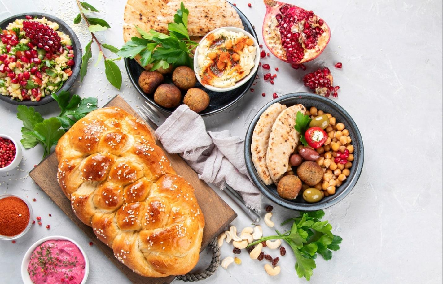 Jewish food on light background. Traditional food concept. Flat lay, top view, copy space