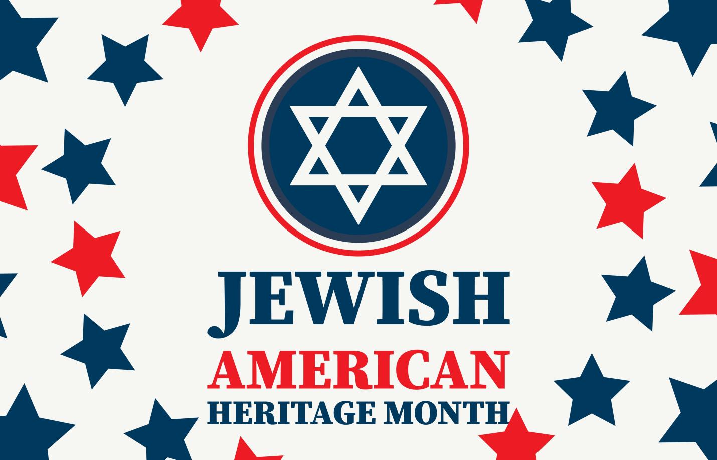 Graphic design for Jewish American Heritage Month featuring a blue Star of David inside a red and blue circular emblem at the top, with the words “Jewish American Heritage Month” in bold blue and red text below. The background is white with scattered red and blue stars.