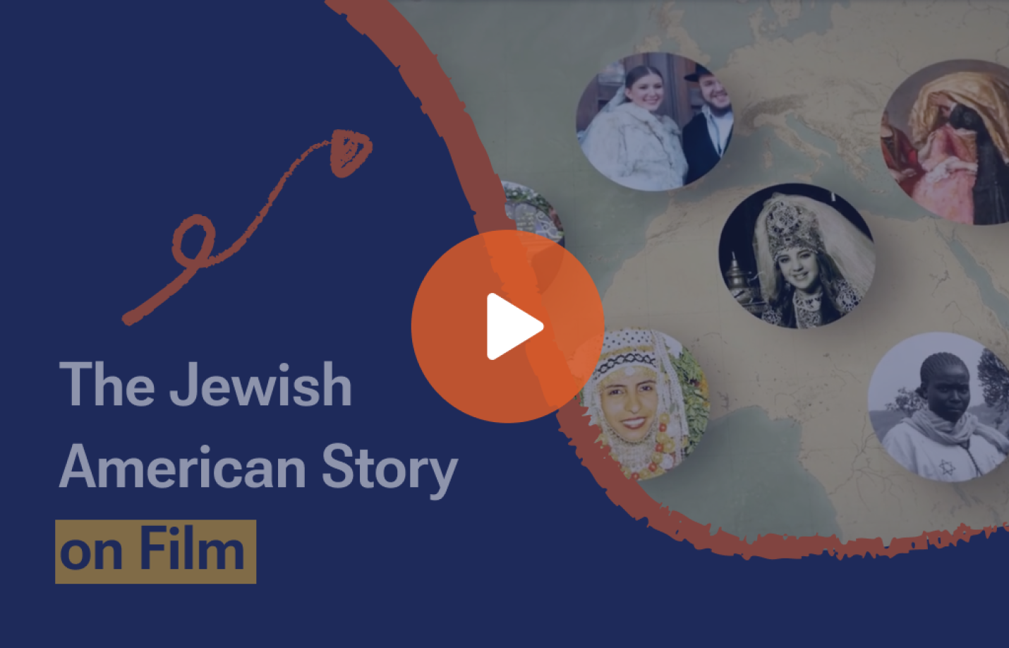 Educational video thumbnail titled “The Jewish American Story on Film,” featuring illustrated portraits of Jewish communities over a world map background.