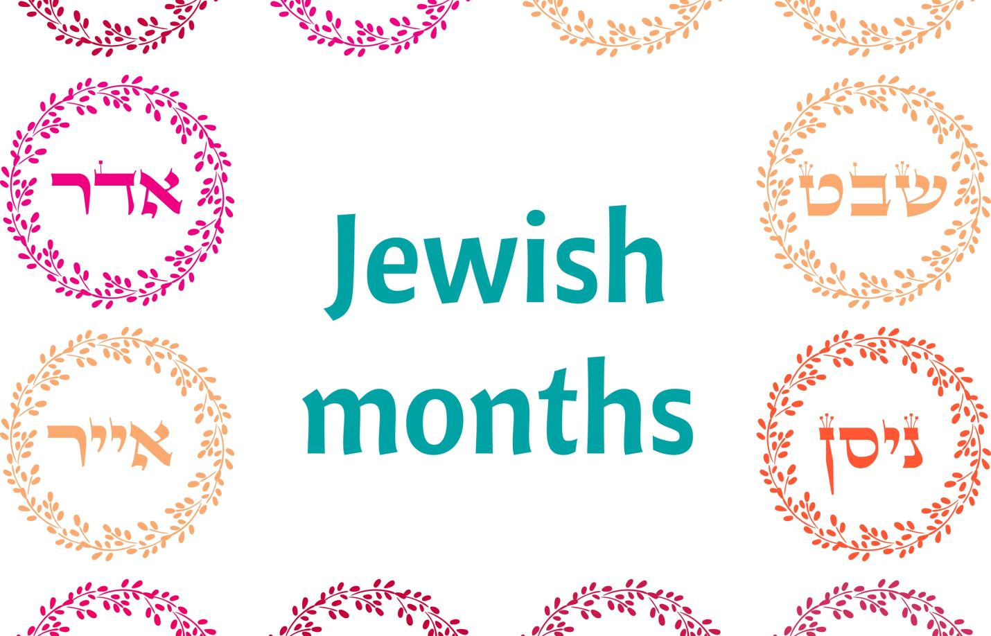 Decorative graphic titled "Jewish months" in teal text at center, surrounded by twelve floral wreaths in pink and orange tones, each containing Hebrew text representing the names of the Jewish calendar months.
