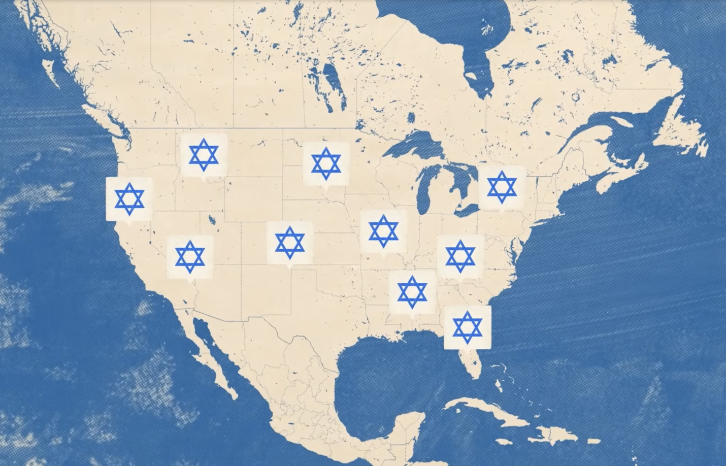 Map of North America marked with multiple blue Star of David icons placed across various regions of the United States and Canada.
