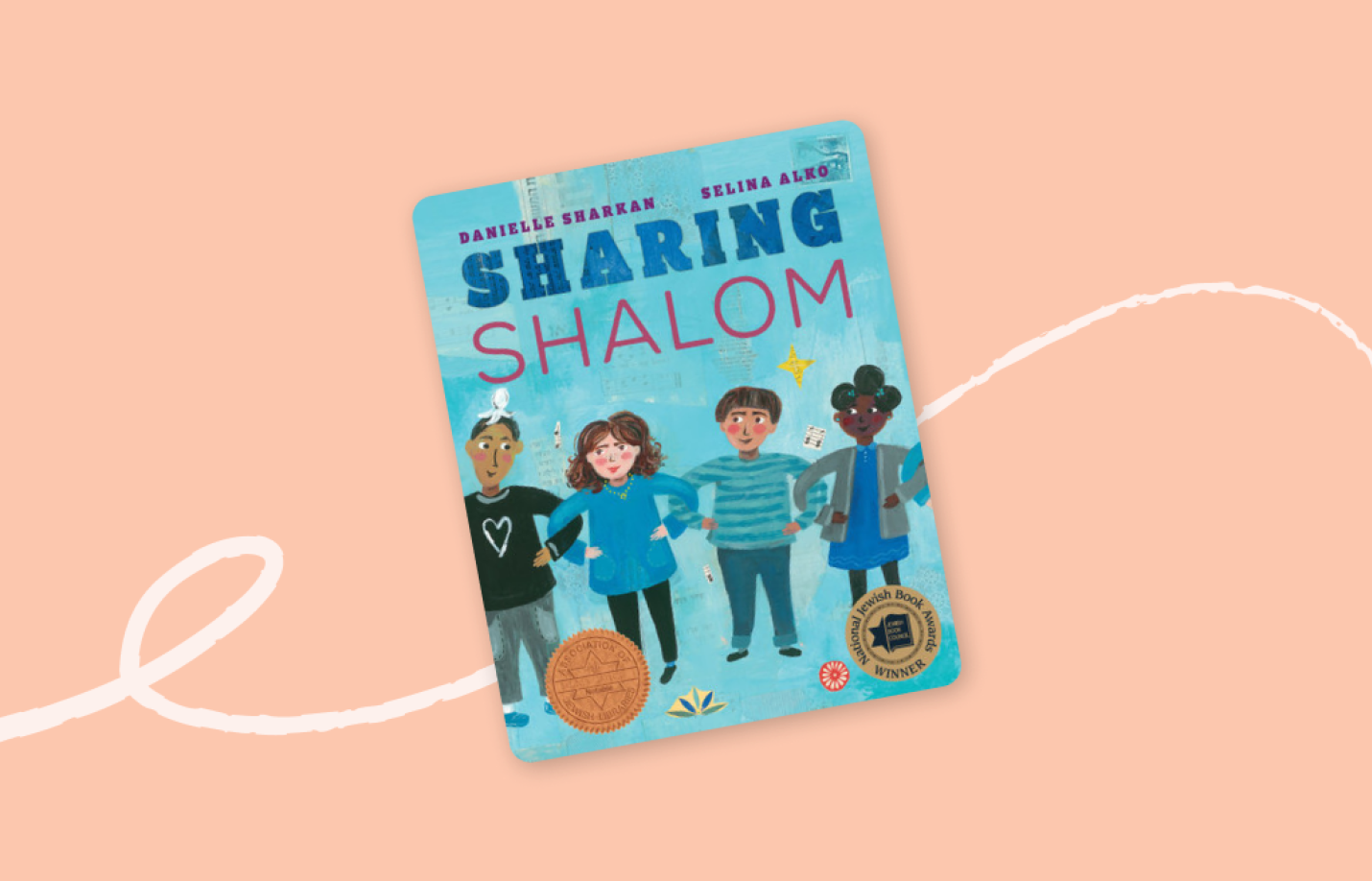 Cover of the children’s book Sharing Shalom, illustrated with four children standing together, smiling, and representing friendship and community.