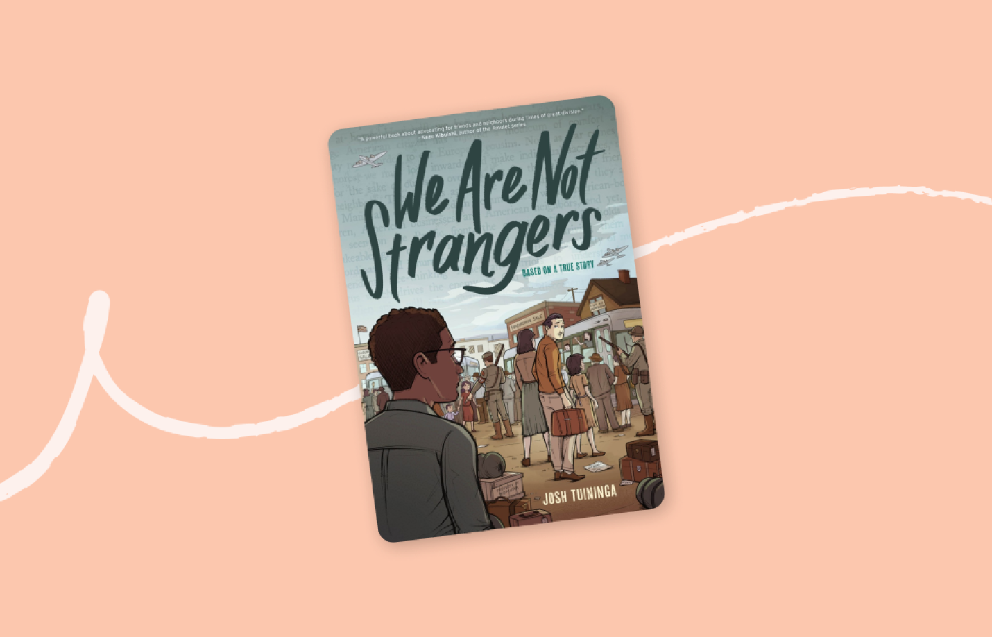 Cover of the book We Are Not Strangers, illustrated with people standing in a crowded town square holding suitcases, suggesting migration or displacement.